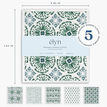 ELYN Swedish Dishcloths, Reusable & Washable Sponge Cloths, Absorbent Cleaning Paper Towels for Kitchen, Dishes, Counters and More, 5 Pack, Assorted Bohemian Patterns