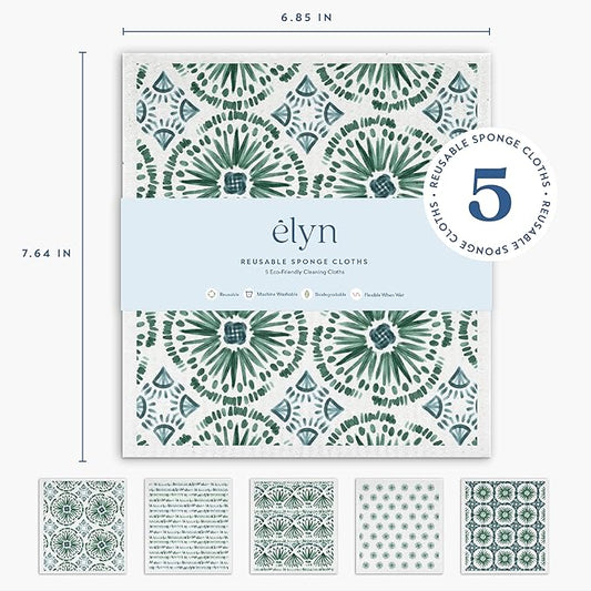 ELYN Swedish Dishcloths, Reusable & Washable Sponge Cloths, Absorbent Cleaning Paper Towels for Kitchen, Dishes, Counters and More, 5 Pack, Assorted Bohemian Patterns