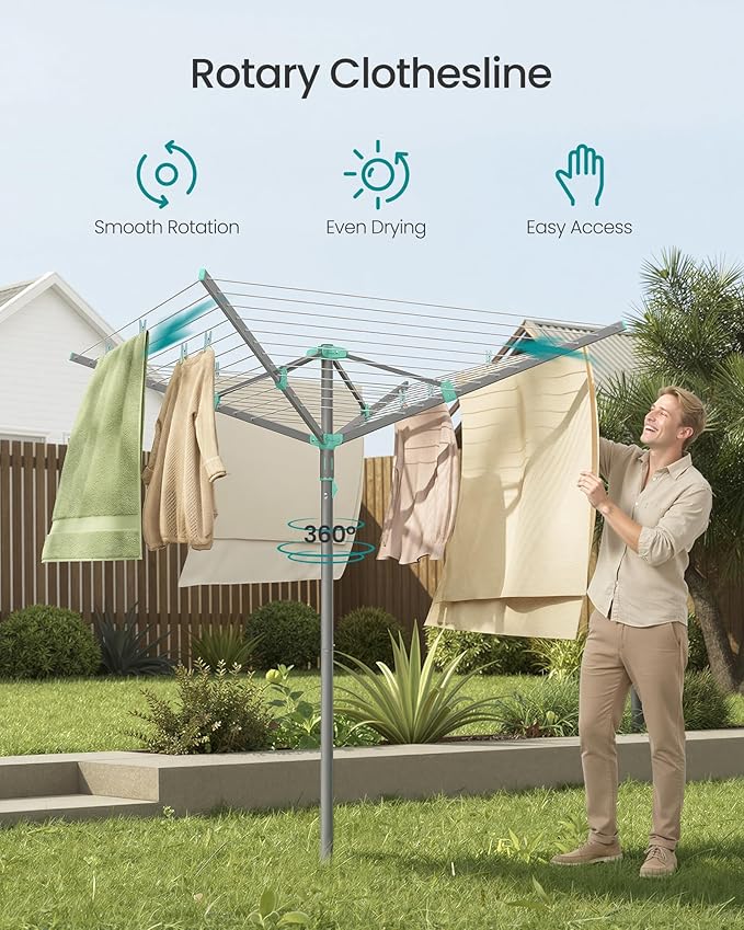 SONGMICS Umbrella Clothesline, Rotary Washing Line, Foldable Heavy-Duty Outdoor Clothes Drying Rack with Clips, Cover, Ground Anchor, 147.6 ft (45 m) Long for 4 Loads of Laundry, Silver ULLR306EZ01