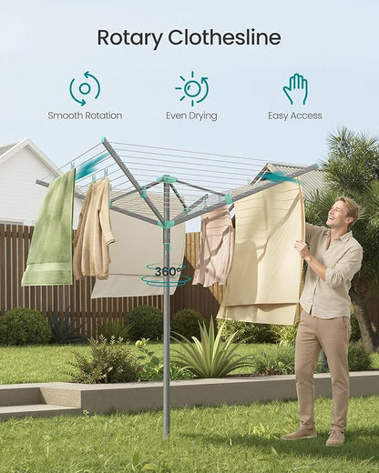 SONGMICS Umbrella Clothesline, Rotary Washing Line, Foldable Heavy-Duty Outdoor Clothes Drying Rack with Clips, Cover, Ground Anchor, 147.6 ft (45 m) Long for 4 Loads of Laundry, Silver ULLR306EZ01