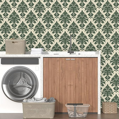 Vintage Green Floral Symmetrical Wallpaper Peel and Stick 17.5" x 118" Boho Leaf Pattern Self Adhesive Cantact Paper, Waterproof Removable Vinyl Wall Covering for Bedroom Living Room Cabinet