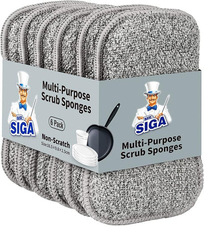 MR.SIGA Dual-Sided Scrub Sponges, Long lasting, Reusable Dishwashing Sponges for Kitchen, 6 Pack