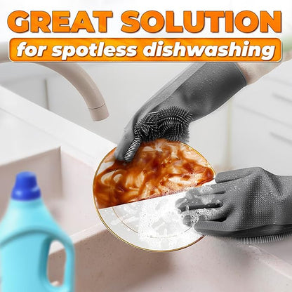 ALPENKOK Silicone Dishwashing Gloves with Scrubber – Non-Slip Silicone Gloves wor Washing Dishes | Household Use