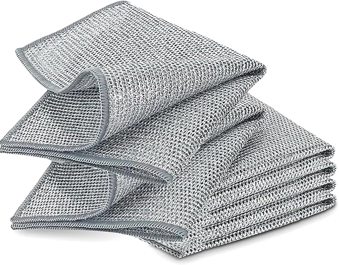 YinQin 6 PCS Double Layer Stainless Steel Scrubber Wire Dishwashing Cloth Non Scratch Stainless Steel Mesh Dish Cleaning Cloth 20x20 cm Metallic Wire Cleaning Rag Towel for Kitchen Dish Sink Stove Top