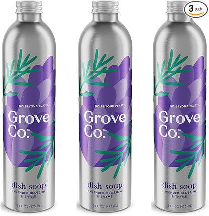 Grove Co. Ultimate Dish Soap Refills (3 x 16 Fl Oz) Removes 48-hour Stuck-on Food and Grease, Plastic-Free Cleaning Products, 100% Natural Lavender Blossom & Thyme Fragrance