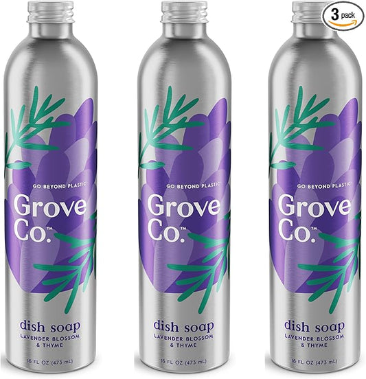 Grove Co. Ultimate Dish Soap Refills (3 x 16 Fl Oz) Removes 48-hour Stuck-on Food and Grease, Plastic-Free Cleaning Products, 100% Natural Lavender Blossom & Thyme Fragrance