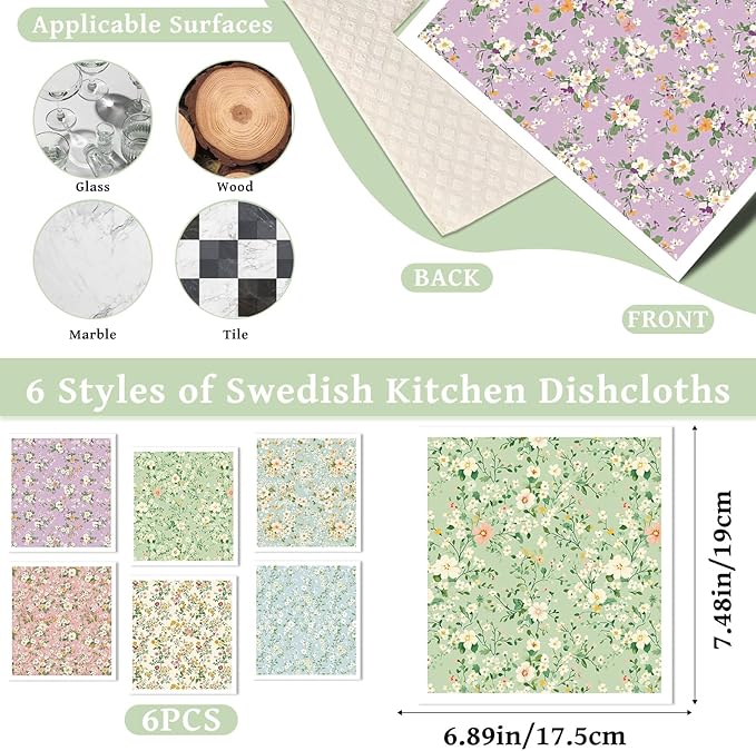 Reusable Swedish Dishcloths for Kitchen, 6 Pack Colorful Floral Dish Cloths Towels, Absorbent Flower Sponge Cleaning Towel Wipes for Kitchen Cooking Home Decoration Housewarming Gifts