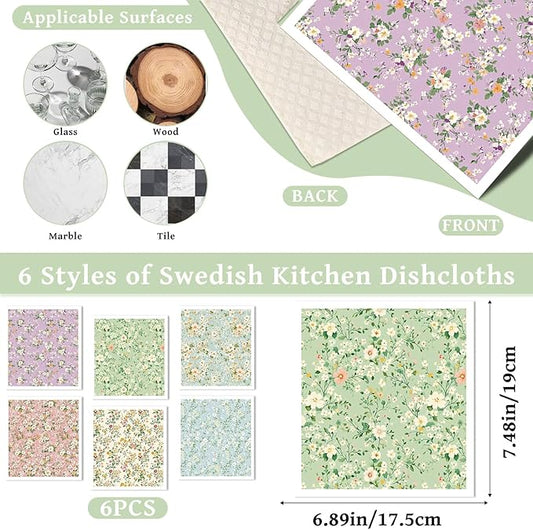 Reusable Swedish Dishcloths for Kitchen, 6 Pack Colorful Floral Dish Cloths Towels, Absorbent Flower Sponge Cleaning Towel Wipes for Kitchen Cooking Home Decoration Housewarming Gifts
