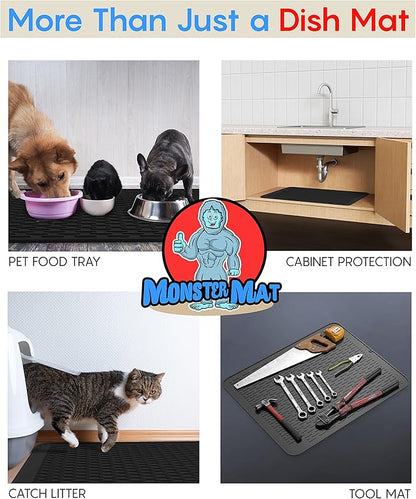 Extra Large (30 inch by 24 inch) heavy duty silicone dish drying mat for kitchen counters by MonsterMat (Black, XL - 30"x24")