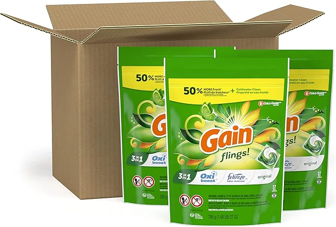 Gain flings! Liquid Laundry Detergent Soap Pacs, HE Compatible, 3 Bag Value Pack, 111 Count, Long Lasting Scent, Original Scent