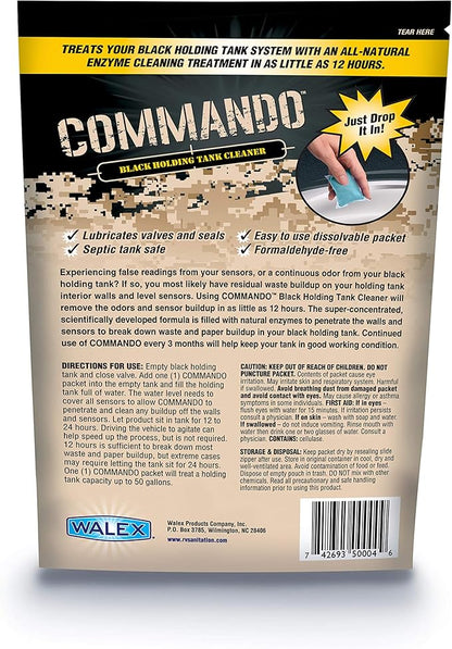 Walex Commando RV Black Holding Tank & Sensor Cleaner - Eliminates Waste & Paper Buildup, Restores Sensor Function, Lubricates Valves & Seals, Advanced Enzyme Formula; Dissolvable Packets, 4 Count