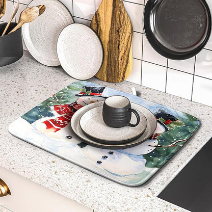 Winter Dish Drying Mat 16 x 18 Inch Xmas Snowman Pattern Dish Drying Pad Absorbent Microfiber Mats for Christmas Dish Rack Pad for Kitchen Counter Coffee Bar Decor