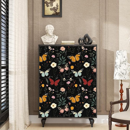 Extra Long Dark Butterfly Wallpaper Peelable, 17.5In x 393In Boho Black Floral Self-Adhesive Removable Wall Paper for Bedroom Cabinet Drawer, Vintage Vinyl Colorful Contact Paper Wall Decor