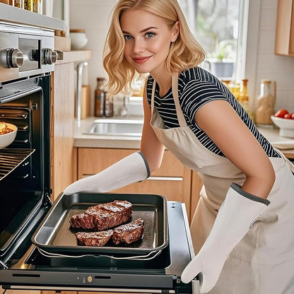 Silicone Oven Gloves- 15" Extra Long, Heat Resistant Oven Gloves with Fingers, Kitchen Oven Mitts Smoker Gloves for Baking, Grilling, Cooking, Food Grade, Waterproof (8/M)