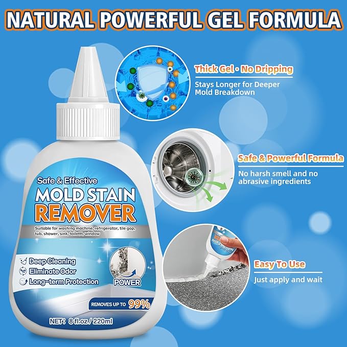 Mold Stain Remover Gel, 8 fl oz Heavy Duty Washing Machine Cleaner for Front Loader Washing Machine Seal, Bathroom Grout, Shower, Caulk - Front Load Washer Cleaning Solution