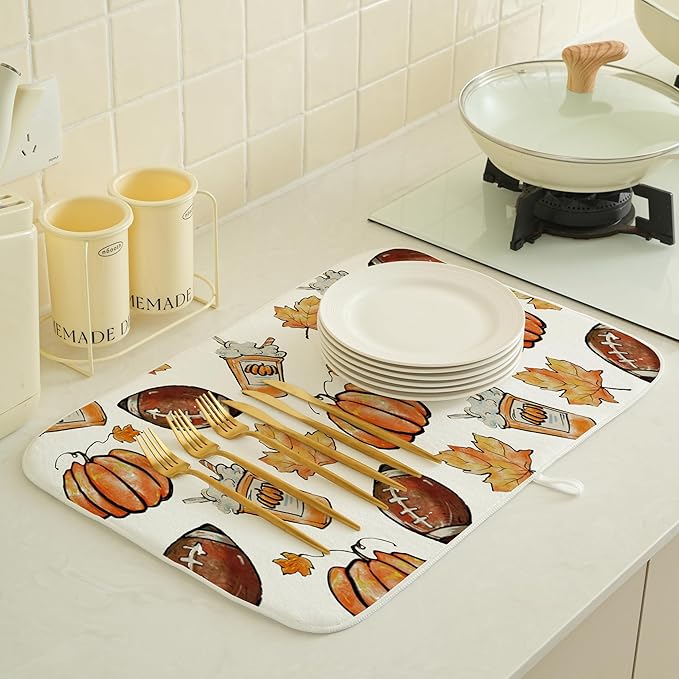 Fall Dish Drying Mat 18x24 Inches For Kitchen Counter Orange Baseball Pumpkin Kitchen Decoration Drying Mat Decorative Autumn Pumpkin Drying Pad for Home Kitchen,Dining Room Decor