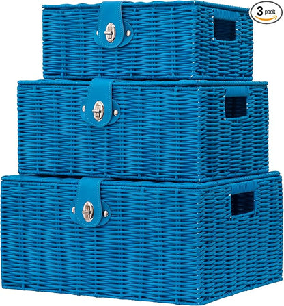 Set of 3 Woven Wicker Storage Basket Box with Lids & Lock, Built-in Carry Handles, Multifunctional Storage Organizer for Nursery, Baby, Clothes, Toys, Books, Large/Medium/Small Size (Blue)