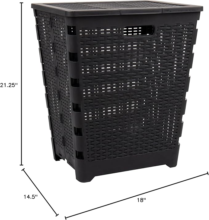 Mind Reader 61L Foldable Laundry Hamper, Clothes Basket, Lid, Wicker Design, Plastic, 18"L x 14.5"W x 21.25"H, Black