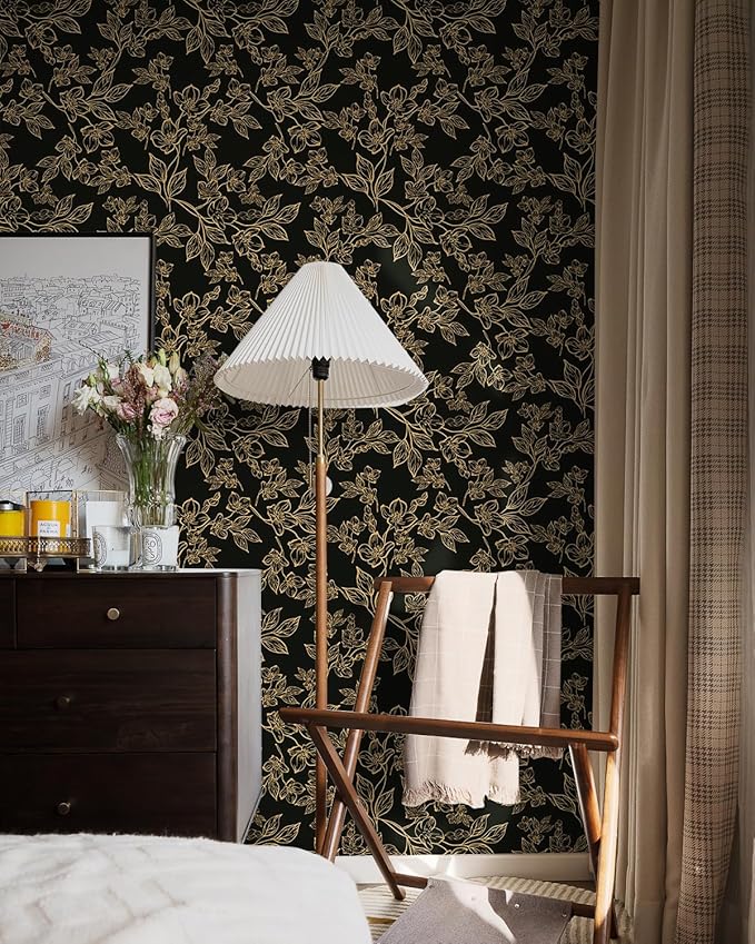 Ismoon Peel and Stick Wallpaper Black and Gold Stick on Wallpaper Dark Floral 17.3x78.7in Black Modern Wall Paper Removable Self Adhesive Contact Paper for Bedroom Cabinets Shelf Liner Vinyl