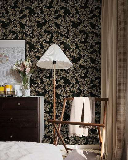 Ismoon Peel and Stick Wallpaper Black and Gold Stick on Wallpaper Dark Floral 17.3x78.7in Black Modern Wall Paper Removable Self Adhesive Contact Paper for Bedroom Cabinets Shelf Liner Vinyl
