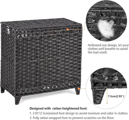 Laundry Hamper with 3 Removable Liner Bags; 132L Handwoven Rattan Laundry Basket with Lid & Heightened Feet; Clothes Hamper with Side Handles; Laundry Sorter with 3 Separate Sections (Black)
