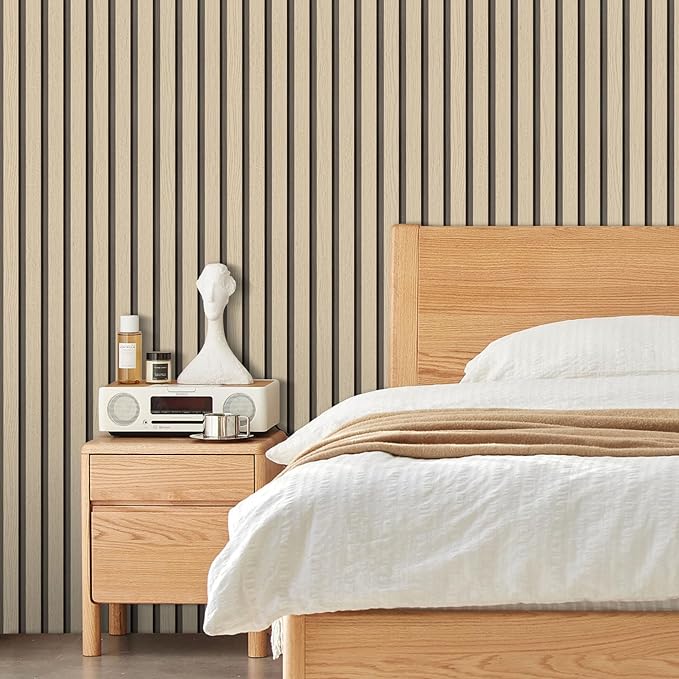 Arthome Wood Slat Wallpaper 17''x120'' Peel and Stick self Adhesive Wood Wallpaper PVC Vinyl Decorative Removable Wallpaper Waterproof Faux Wood Grating Stripe Contact Paper for Living Room (Oak)