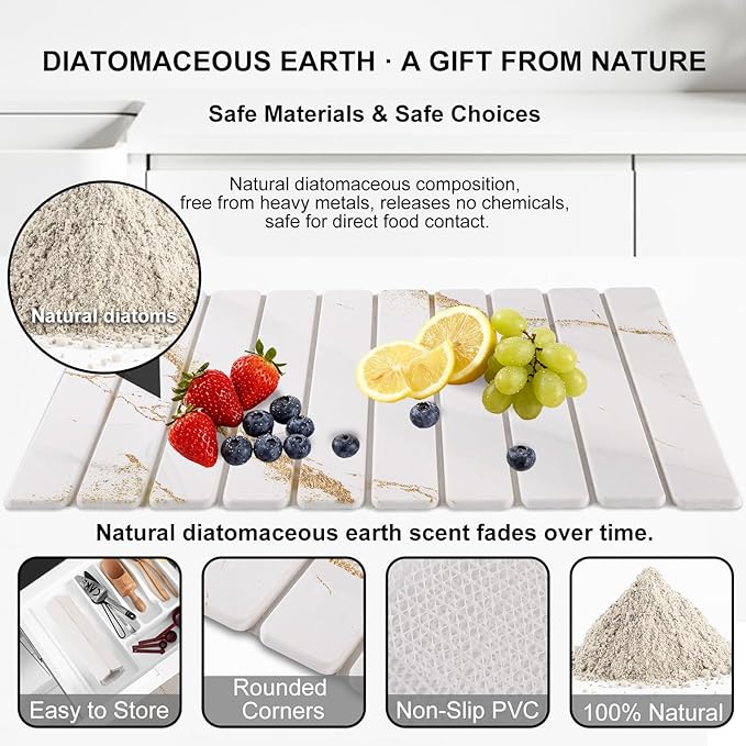 3 PCS Large Stone Dish Drying Mat for Kitchen Counter, Quick Dry Stone Dishes Mats, Sink Faucet Mat, Marble Water Absorbing Diatomaceous Earth Drying Pad for Countertop Tableware, Bottles