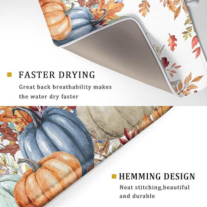 Fall Watercolor Pumpkin Dish Drying Mat 18 x 24 Inch With Absorbent Reversible Microfiber Maple Leaf Autumn Thanksgiving Harvest Drying Mats Dish Drainer Mat Fast Dry For Kitchen Dining Room Decor