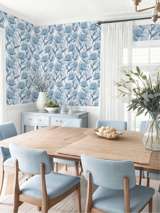 Heroad Blue Peel and Stick Wallpaper Boho Large Floral Contact Paper Modern Wall Paper Cabinets Waterproof Removable Self Adhesive Wallpaper for Bathroom Vinyl Roll 17.3"x393"