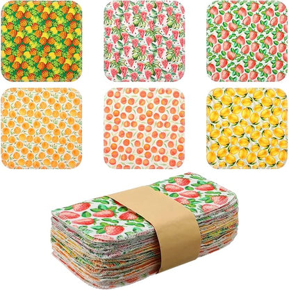 Kinlop 24 Pcs Spring Easter Lunchbox Cloth Napkins Bulk Reusable 2 Ply 8" x 8" Fruit Flannel Style Wipes Washable Soft Cotton Sturdy Absorbent Cloth Placemats for Dining Summer Home Party