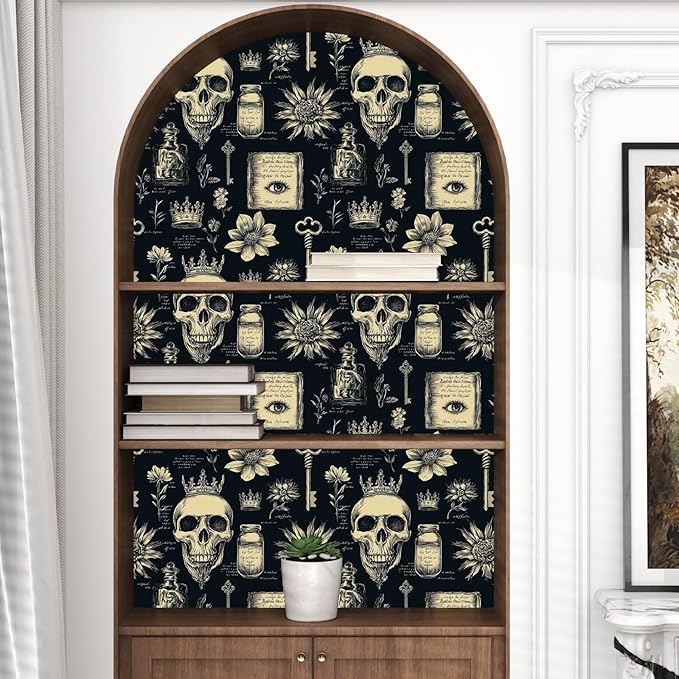 Skull Wallpaper Peel and Stick, Black Beige Witcher Gothic Contact Paper, Vintage Fancy Wall Paper Self Adhesive Removable Waterproof for Bathroom Bedroom Shelf Cabinet Drawer Table 17.5" x 118"