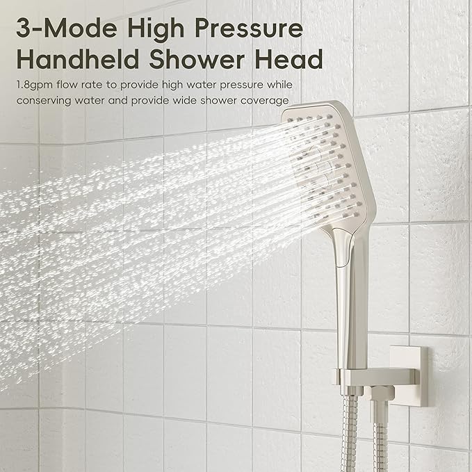 Gabrylly Shower System with Tub Spout, Wall Mounted Tub Shower Faucet Set for Bathroom with High Pressure 10" Rain Shower head and 3-Setting Handheld Shower Head Set, Brushed Nickel