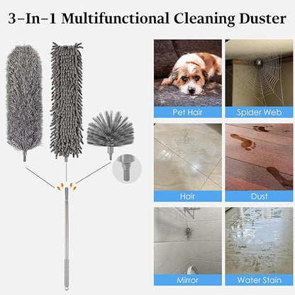 Microfiber Feather Duster 5-in-1 Kit with Extension Pole, Washable Cleaning Duster Set with 3 Duster Heads, Cobweb Duster, Corner Brush, 100'' Extendable Long Duster for High Ceilings, Fans, Furniture