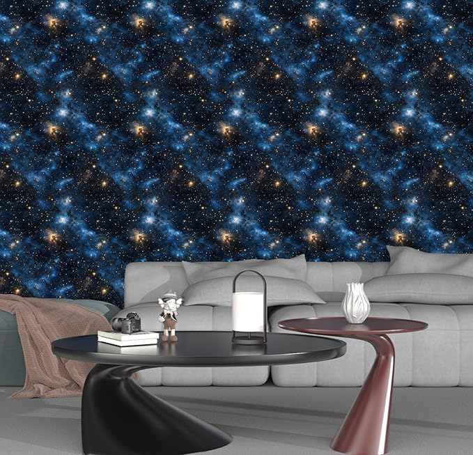 Laatse Blue Starry Peel and Stick Removable Black Sky Contact Paper 17.5" x 118", Gold Star Modern Wallpaper Mural Waterproof Self Adhesive for Wall Bedroom Bathroom Kitchen Cabinet Room Decor