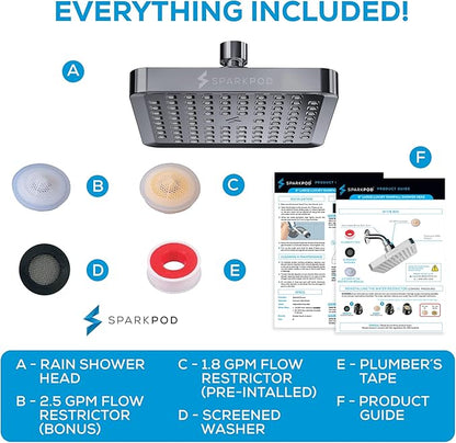 SparkPod Shower Head - High Pressure Rain - Premium Quality Luxury Design - Easy Clean Adjustable Replacement for Your Bathroom Shower Heads (Charcoal Grey, 6 Inch Square)