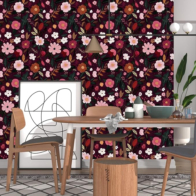 Fvlow Red Pink Floral Wallpaper Peel and Stick 17.4" X 118" Dark Red Gothic Witchy Contact Paper Flower Removable Covering for Bedroom Cabinet Bathroom Vintage Retro Goth Home Decor