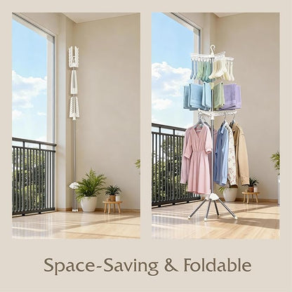 Beaudaily Clothes Drying Rack, Foldable 79.5-Inch Laundry Drying Rack,3 Tie, with Rotatable Arms, Stainless Steel, Holds 27 Clothes,8 Towels and 24 Clips for Hanging Socks, White and Silver