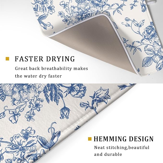 Vintage Blue Floral Dish Drying Mat for Kitchen Counter 18x24 Inch Chinoiserie Flowers Absorbent Reversible Microfiber Dish Pad Dish Drainer Rack Mats Countertops Protector Mat