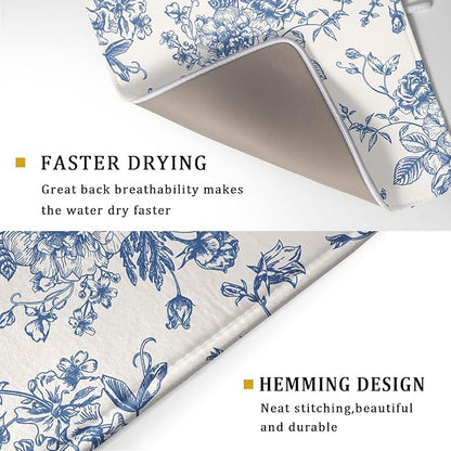 Vintage Blue Floral Dish Drying Mat for Kitchen Counter 18x24 Inch Chinoiserie Flowers Absorbent Reversible Microfiber Dish Pad Dish Drainer Rack Mats Countertops Protector Mat