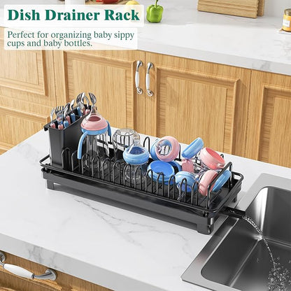 XYZLVSI Small Sink Dish Drying Rack with Drainboard, Compact Dish Drainer for Kitchen Countertop, Rustproof Plate Organizer with Utensil Holder, Black