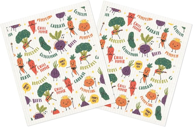 MÜkitchen Premium Eco Sponge Dish Cloth | Highly-Absorbent Kitchen Cloth for Cleaning and Drying Dishes | Machine Washable and Reusable | Set of 2 | Rock Veggies
