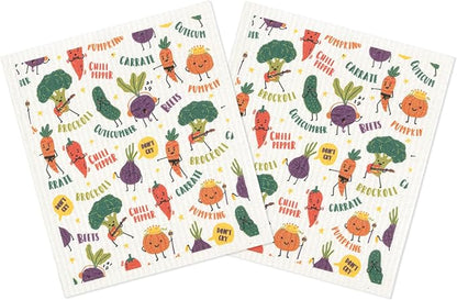 MÜkitchen Premium Eco Sponge Dish Cloth | Highly-Absorbent Kitchen Cloth for Cleaning and Drying Dishes | Machine Washable and Reusable | Set of 2 | Rock Veggies
