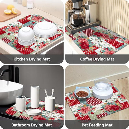 Dish Drying Mat for Kitchen Counter 16x18 Inch, Super Absorbent Dish Drainer Mat, Decorative Microfiber Dishes Drying Pad-Small(Red Flower)