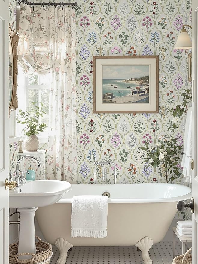 Dimoon 78.7"x17.3" Peel and Stick Wallpaper Floral Vintage Contact Paper Modern Removable Wallpaper Boho Beige Pink Self Adhesive Wall Paper for Cabinets Drawers Bathroom Bedroom Thicken Vinyl Roll