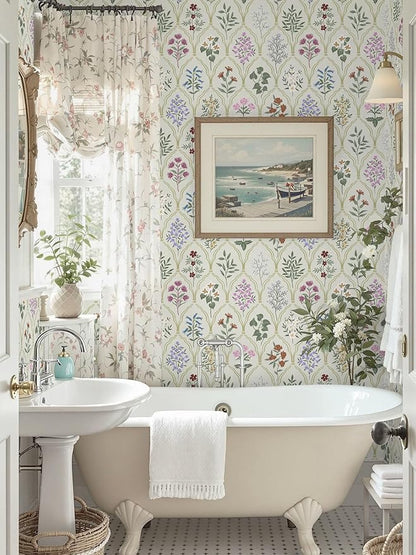 Dimoon 197"x17.3" Peel and Stick Wallpaper Floral Vintage Contact Paper Modern Removable Wallpaper Boho Beige Pink Self Adhesive Wall Paper for Cabinets Drawers Bathroom Bedroom Thicken Vinyl Roll
