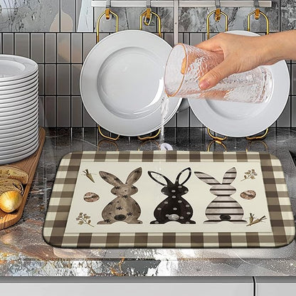 Easter Dish Drying Mat for Counter Bufflao Plaids Bunny Dish Mat Cute Rabbits Eggs Carrot Absorbent Microfiber Dish Draining Mat Reusable Dishes Pad Large 16x18 In