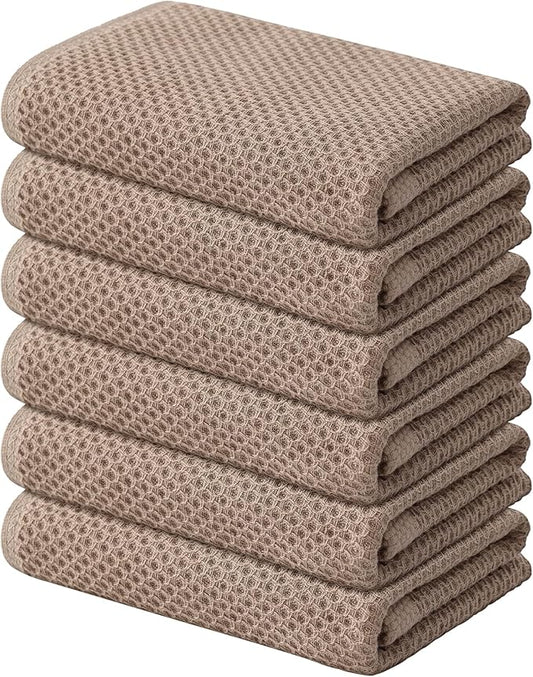 Kitinjoy 100% Cotton Waffle Weave Kitchen Hand Towels (13 X 28 Inches, Tan), 6-Pack Super Soft and Absorbent Dish Towel for Drying Dishes