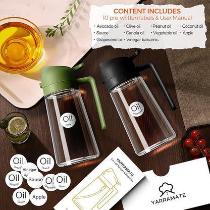 YARRAMATE 2Pcs 16oz/470ml Glass Olive Oil Sprayer for Cooking with Stickers, 2 in 1 Oil Dispenser for Kitchen Gadgets, Food Grade Premium Spray Bottle for Salad, BBQ (Black&OliveGreen)