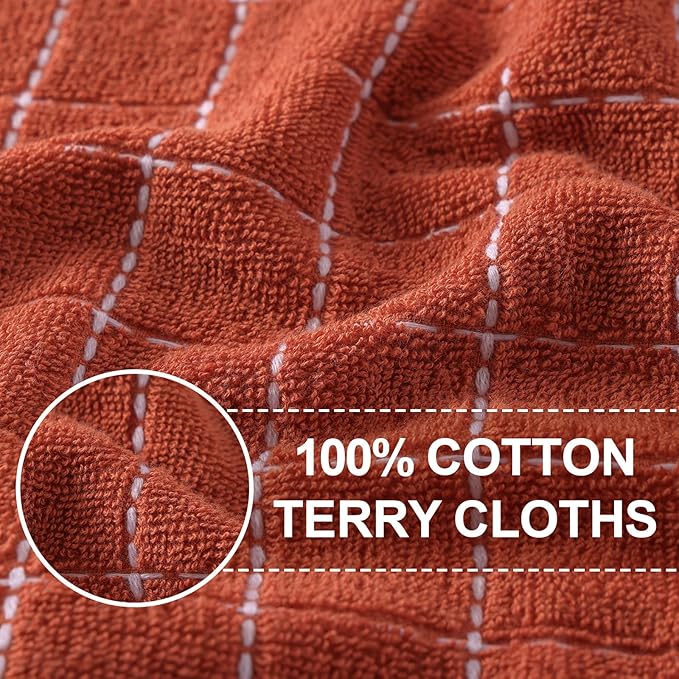 Homaxy 100% Cotton Terry Kitchen Towels(Rust, 13 x 28 inches), Checkered Designed, Soft and Super Absorbent Dish Towels, 12 Pack