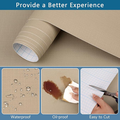 Self Adhesive Shelf Liner, Peel and Stick Drawer Liner Waterproof Contact Decor Liner with Grain Texture for Kitchen Walls Cabinets, Bedroom Classroom, Cover Book (Khaki, 11.8 x 393.7 inches)